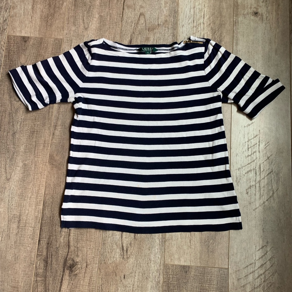Ralph Lauren women’s striped top cuff sleeve zipper top size M navy and white